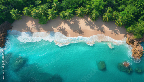 Aerial drone view of tropical beach with palm trees and clear turquoise ocean,generative ai © Suralai