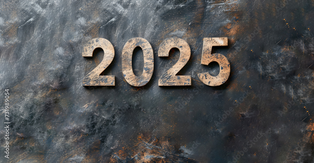 Künstlerisch abstrakte Metaloberfläche mit der Jahreszahl 2025. 