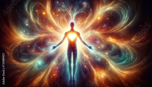 A cosmic silhouette of a human figure stands with arms outstretched, heart glowing brightly, against a backdrop of swirling galaxies and sparkling stars.AI generated.