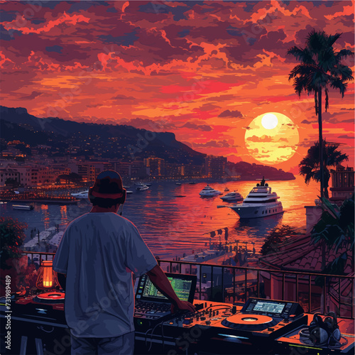 dj playing music on a sunset with a yacht in the sea