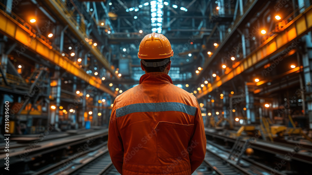 back of the head mid shot of male steel working wearing orange hat standing in the middle of a modern and clean steel plant,generative ai back of the head mid shot of male steel working wearing orange hat standing in the middle of a modern and clean steel plant,generative ai