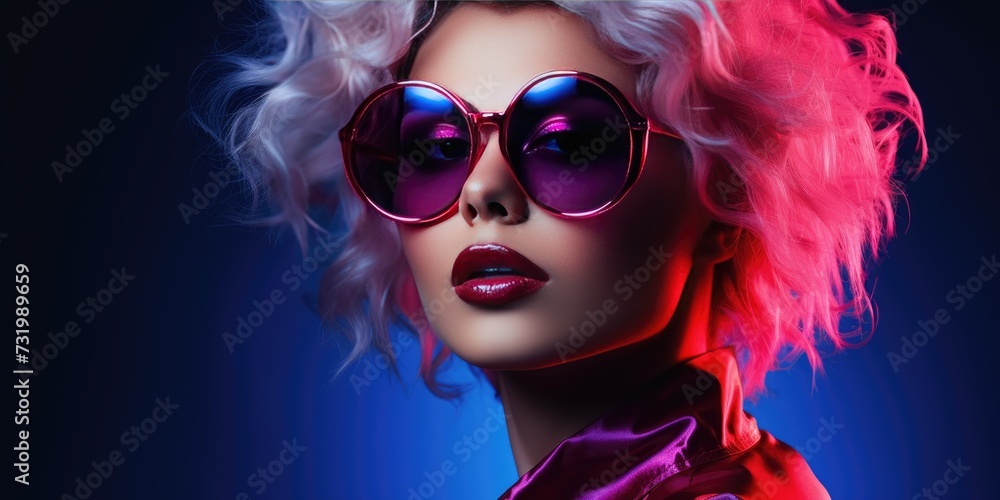 Modern stylish woman with glasses in neon light. Portrait of a girl in bright light. Generative AI
