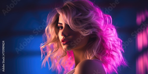Modern woman in neon light. Portrait of a woman in night club light. Generative AI