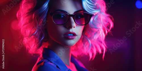 Modern stylish woman with glasses in neon light. Portrait of a girl in bright light. Generative AI