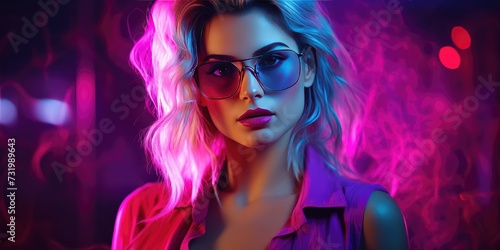 Modern stylish woman with glasses in neon light. Portrait of a girl in bright light. Generative AI © 22_monkeyzzz