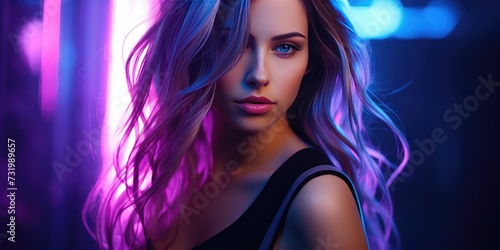 Modern woman in neon light. Portrait of a woman in night club light. Generative AI