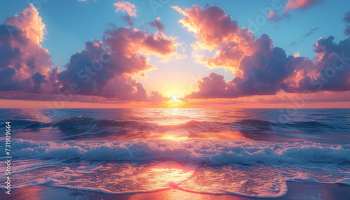 Beautiful sunset at sea and dramatic clouds on background, generative ai. photo