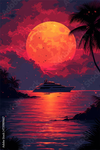 Yacht on sea on a sunset illustration