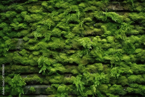 Beautiful Bright Green moss grown up cover the rough stones and on the floor in the forest. photo