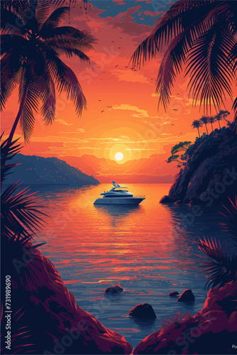 Yacht on sea on a sunset illustration