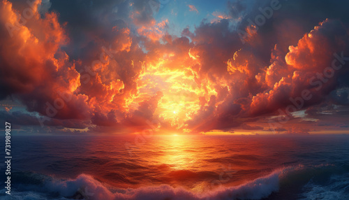Beautiful sunset at sea and dramatic clouds on background, generative ai.