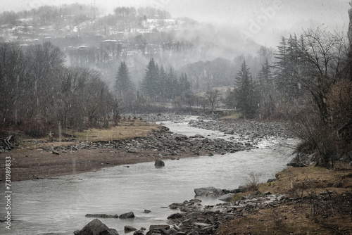 Snowfall in the valley of the Tskaltsitela river near Kursebi village