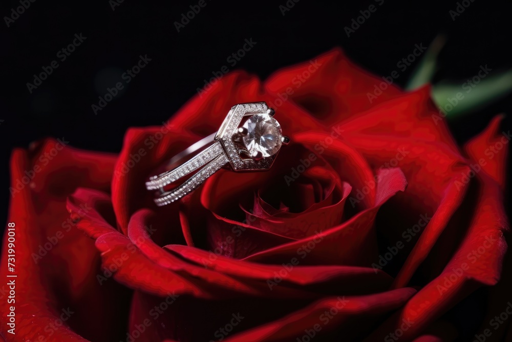 Wedding ring with diamond in red rose, Valentine's day, Mother's day, Women's Day and love concept Wedding ring with diamond in red rose, Valentine's day, Mother's day, Women's Day and love concept