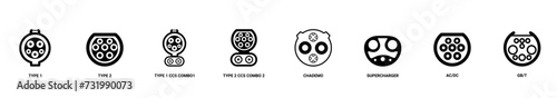 types of electric vehicle plugs. standard charging connector plug and socket. Connectors for electric vehicles