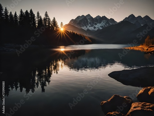 Beautiful winter sunrise over a lake surrounded by trees and and mist with mountains snow-covered