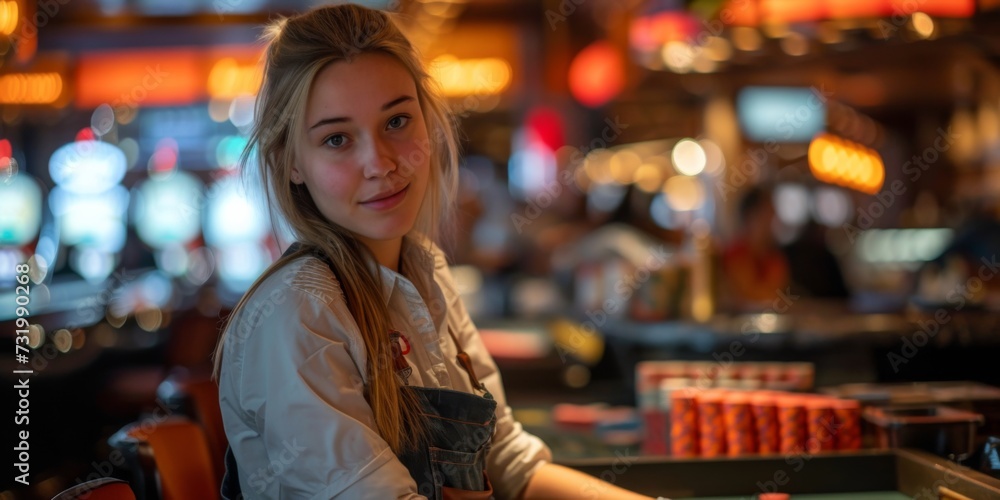 A Female Dealer Expertly Shuffles Poker Cards Amidst A Casinos Lively Ambiance. Concept Casino Atmosphere, Expert Poker Dealer, Shuffling Cards, Lively Ambiance, Female Dealer