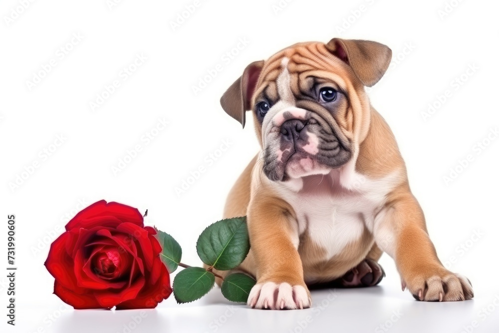 Funny puppy with a rose on white background with copy space