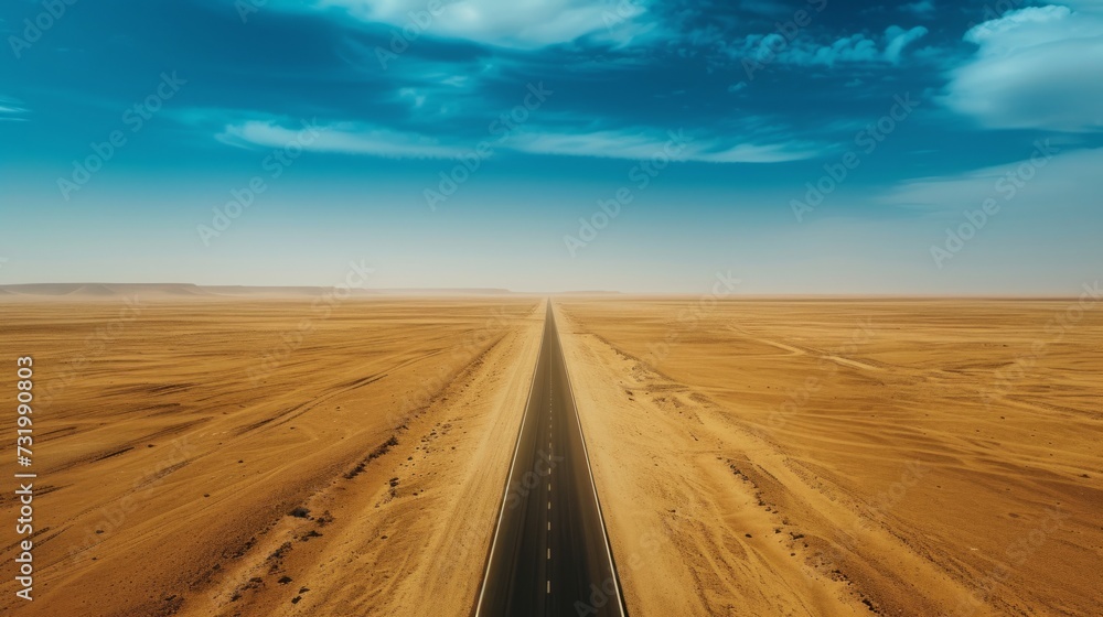 Naklejka premium Straight desert road extending to the horizon in the Sahara, embodying endless possibilities and the paths we choose