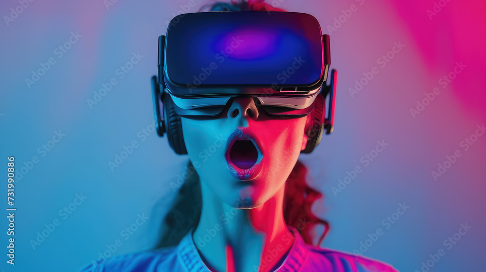 beautiful surprised woman in virtual reality glasses on a blurred color background, technology, device, digital, portrait, girl, future, science, open mouth, shock beautiful surprised woman in virtual reality glasses on a blurred color background, technology, device, digital, portrait, girl, future, science, open mouth, shock
