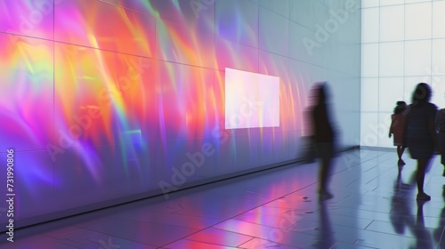 Vivid abstract projection on wall with silhouette of a person, symbolizing digital art and modern creative expression photo