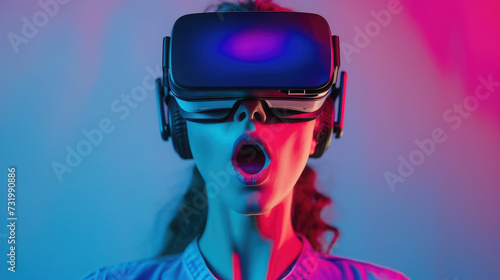 beautiful surprised woman in virtual reality glasses on a blurred color background, technology, device, digital, portrait, girl, future, science, open mouth, shock