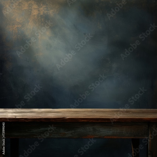 Dark Room With Wooden Table In The Background For Advertising Purposes. Concept Wooden Table Setting, Moody Aesthetic, Minimalistic Decor, Professional Advertising