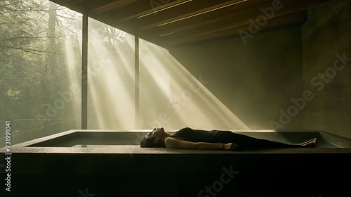Person lying in sun-drenched forest sauna, peaceful relaxation in nature's embrace