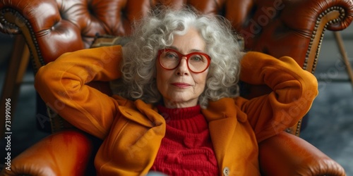 Eccentric Elderly Woman Calmly Rocks In Dimly Lit Room Intriguingly Meeting The Cameras Gaze. Concept Eccentric Elderly Woman, Dimly Lit Room, Cameras Gaze, Intriguing Meeting, Calmly Rocking