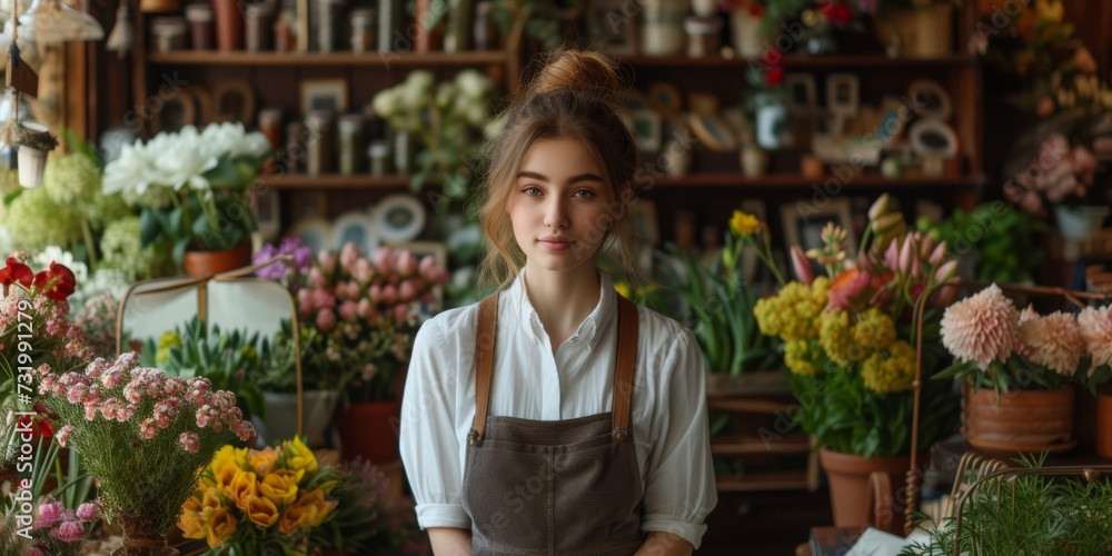 A Young Woman Curates A Vintage Bookstore With A Delightful Floral Atmosphere. Concept Vintage Bookstore, Curated Selection, Delightful Floral Atmosphere, Cozy Reading Nooks, Bookworm's Paradise