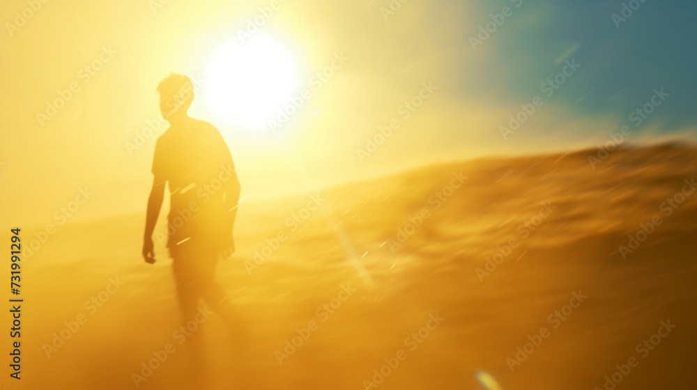 Dynamic desert running man casting a long shadow on the golden sands at sunset, embodying energy and adventure