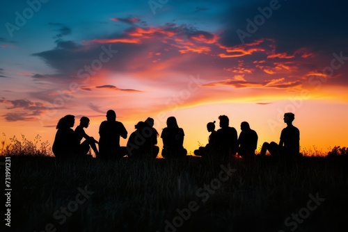 Silhouetted family on a hike against a vibrant sunset sky, symbolizing adventure and togetherness