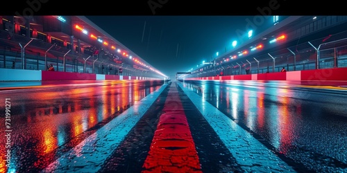 Floodlit F1 Racing Track Glimmers Under Nocturnal Downpour With Electrifying Ambiance. Concept Epic Night Races, Thrilling Rain-Soaked Track, Spectacular Lighting, Adrenaline-Fueled Competitions