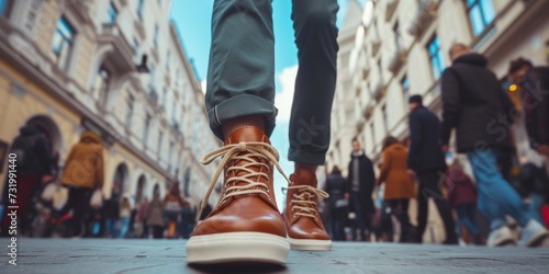 Bold Man Wearing Leather Sneakers Successfully Navigates Through Busy City Street Amongst Thriving Crowd. Concept Urban Fashion, City Life, Confident Style, Street Photography, Crowded Streets