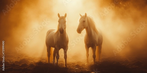 Mystical Horse Duo Enchants Against Captivating Abstract Backdrop Creating Ethereal Magic. Concept Mystical Horse Duo, Captivating Abstract Backdrop, Ethereal Magic © Ян Заболотний