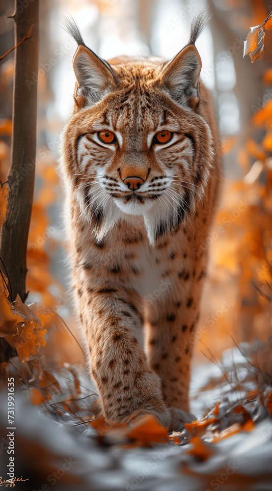Obraz premium a lynx walks in the forest and looks into the camera created by AI