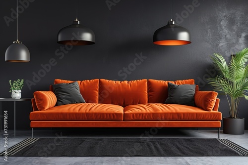 Black mock up wall with orange sofa in modern interior background, living room, Scandinavian style, 3D render