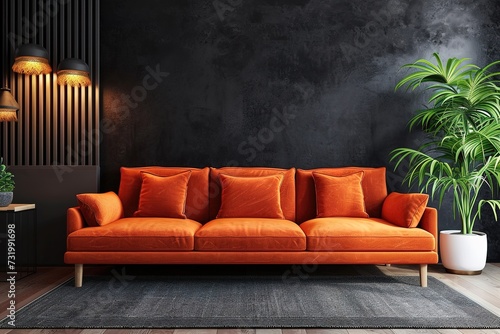 Black mock up wall with orange sofa in modern interior background, living room, Scandinavian style, 3D render