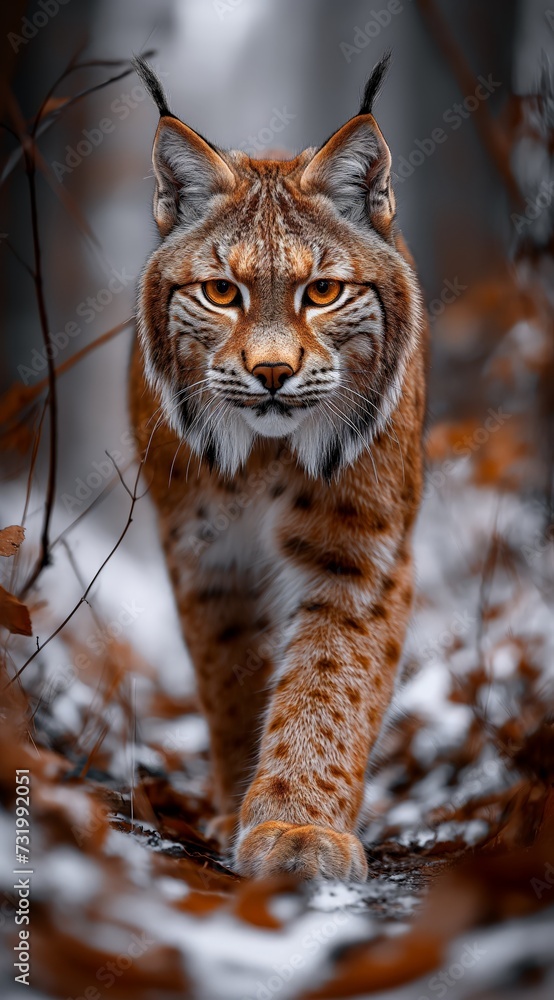Fototapeta premium a lynx walks in the forest and looks into the camera created by AI