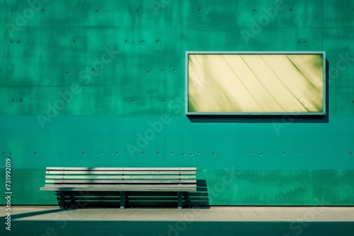 Abstract green wall with empty frame and bench, perfect for mockups and advertising in urban settings