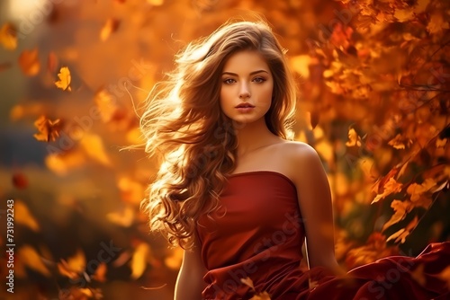 Radiant beauty in casual wear, against a backdrop of vibrant autumn leaves, capturing the essence of seasonal charm.