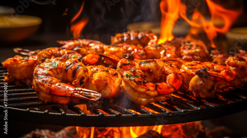 Grilled shrimps and on a grill with flames under close up