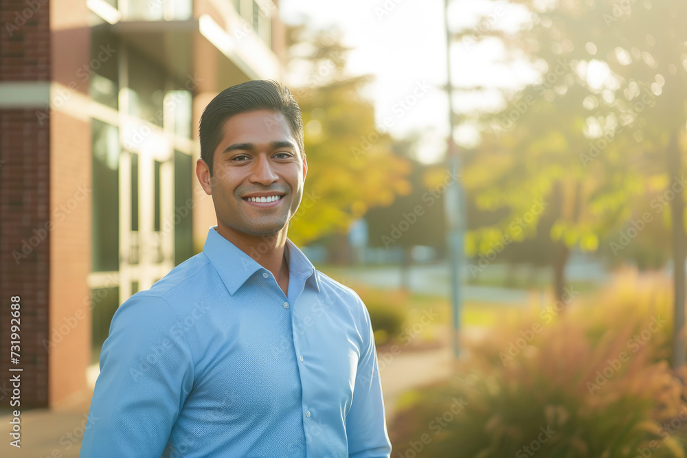 Blue Shirt Executive Radiates Success by New Workspace Blue Shirt Executive Radiates Success by New Workspace