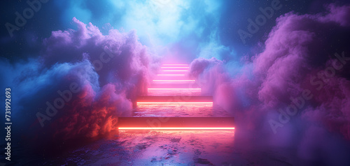 background of stairs covered in smoke and futuristic neon lights photo