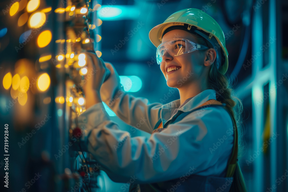 Effervescent Energy: Female Worker Enhancing Industrial Illumination