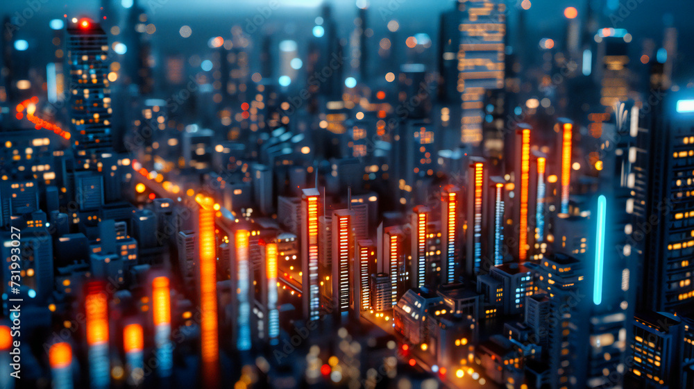 Blurred night cityscape with modern buildings and street lights, capturing the dynamic urban life