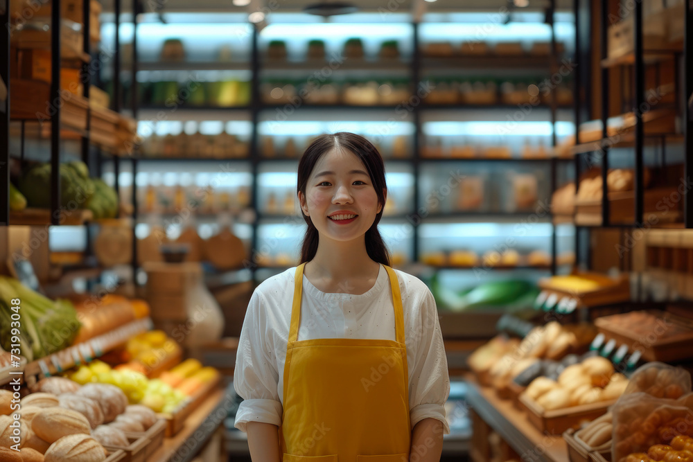 Smiling Female Store Owner in Bright Supermarket Smiling Female Store Owner in Bright Supermarket