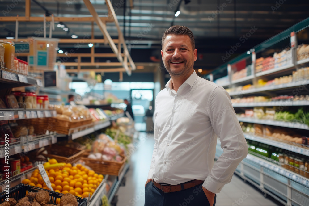 Smiling Store Owner Amidst Success in Bright Supermarket