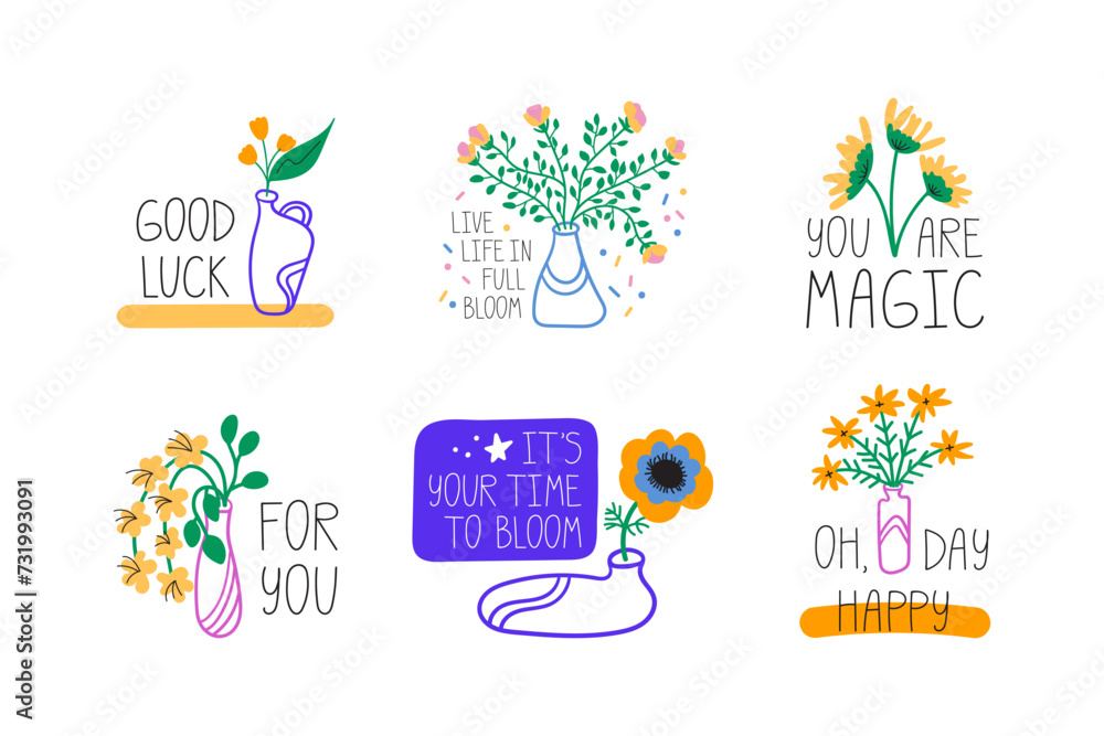 Hand drawn lettering phrase, quote. Motivational, inspirational message saying. Modern freehand style illustration with flowers and vase. Vector illustration