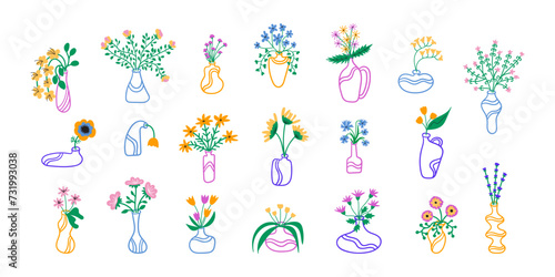 Bouquet of flowers in vase clipart set, flowers with leaves doodles, simple hand drawn illustration, modern colorful vector illustration of abstract florals isolated on white background