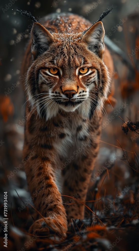 Fototapeta premium a lynx walks in the forest and looks into the camera created by AI